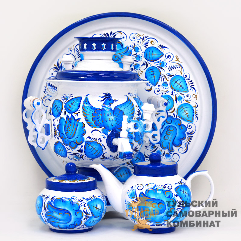 Самовар «Гжельская птица» роспись гжель, 3 литра, электрический