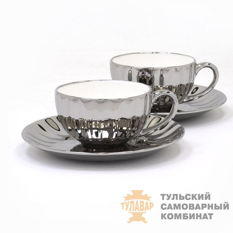 Чайные пары из фарфора, комплект 2 шт, под никель