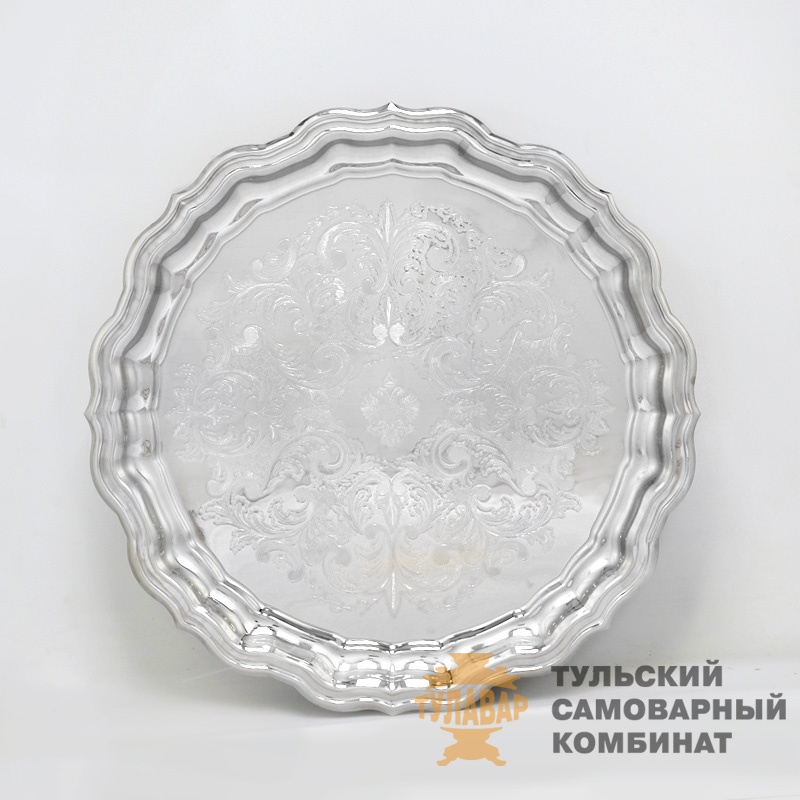 Поднос «Герб России» резной, круглый, никель
