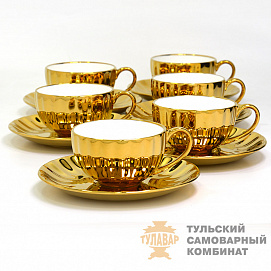 Чайные пары из фарфора, комплект 6 шт, под золото