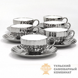 Чайные пары из фарфора, комплект 6 шт, под никель